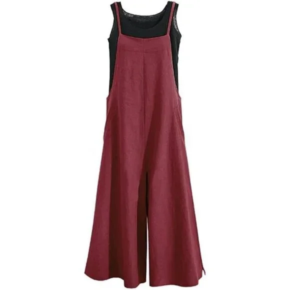 Women Loose Long Bib Pants Wide Leg Jumpsuits Red - Picture 2 of 5